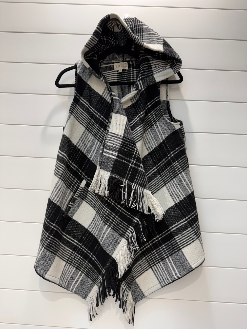 Jolt Black & White Plaid Hooded Fringe Cape